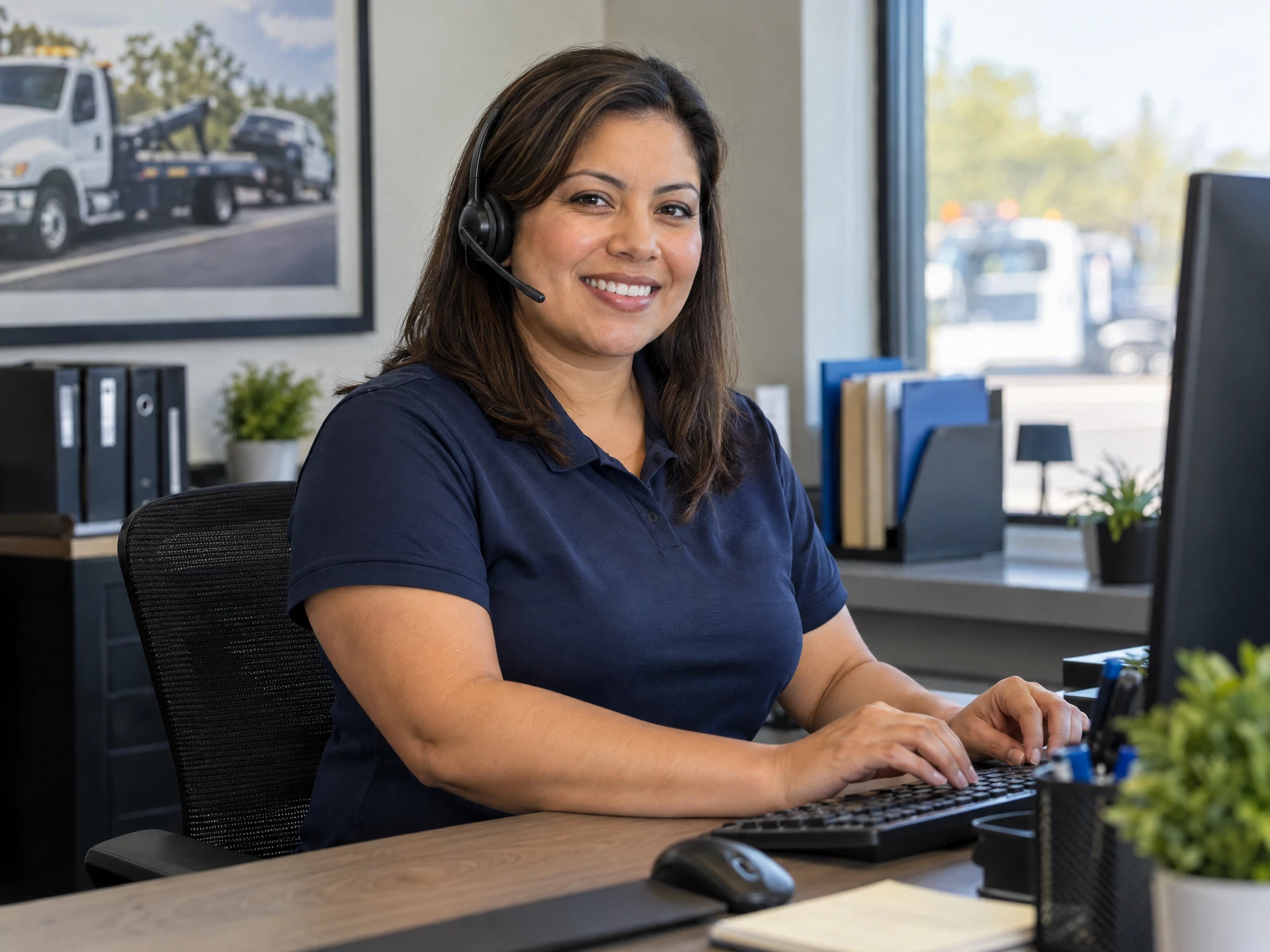 Illustration of a neatly dressed woman answering a dispatch call in an organized office