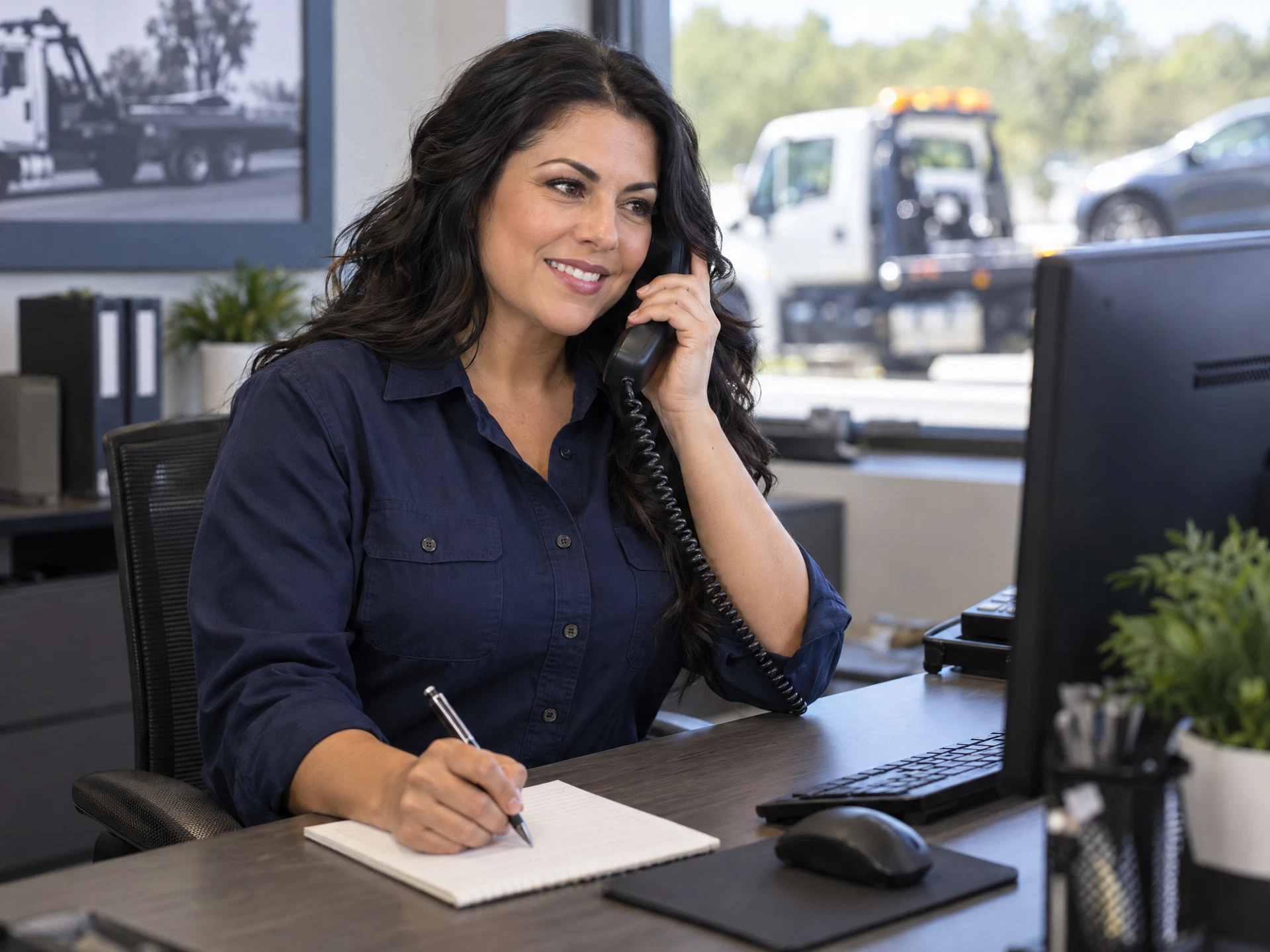 Illustration of a professionally dressed woman answering a dispatch phone