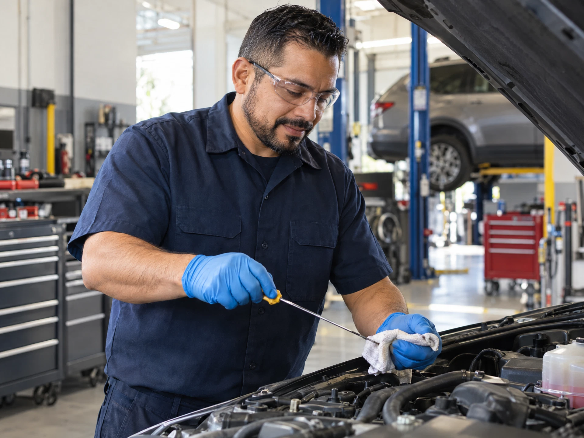 Illustration of a clean, professionally equipped male mechanic inspecting an engine