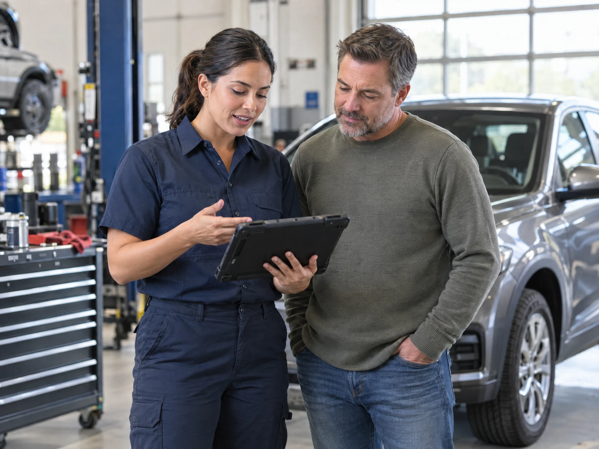 Illustration of a professional woman mechanic explaining repair information to a male customer